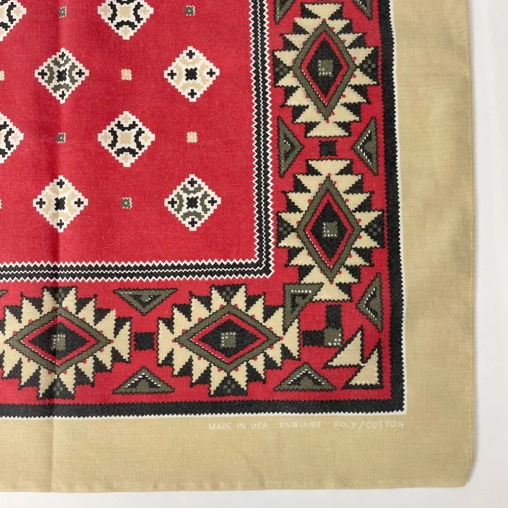 Vintage Southwestern Bandana Square Scarf Unisex Men Women Cream Red Retro Red
